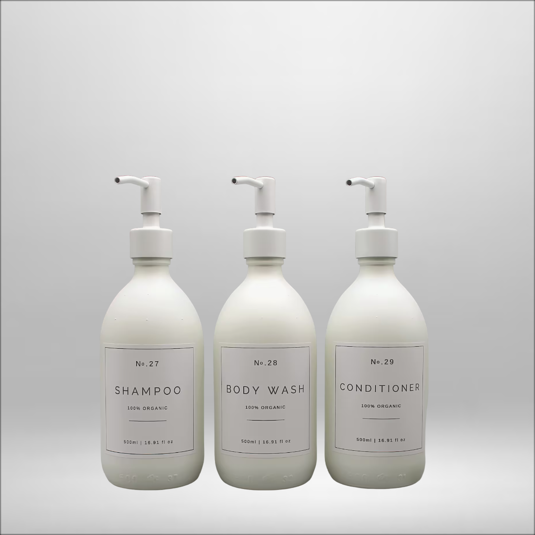 Labeled Shampoo, Soap and Lotion Bottles - White