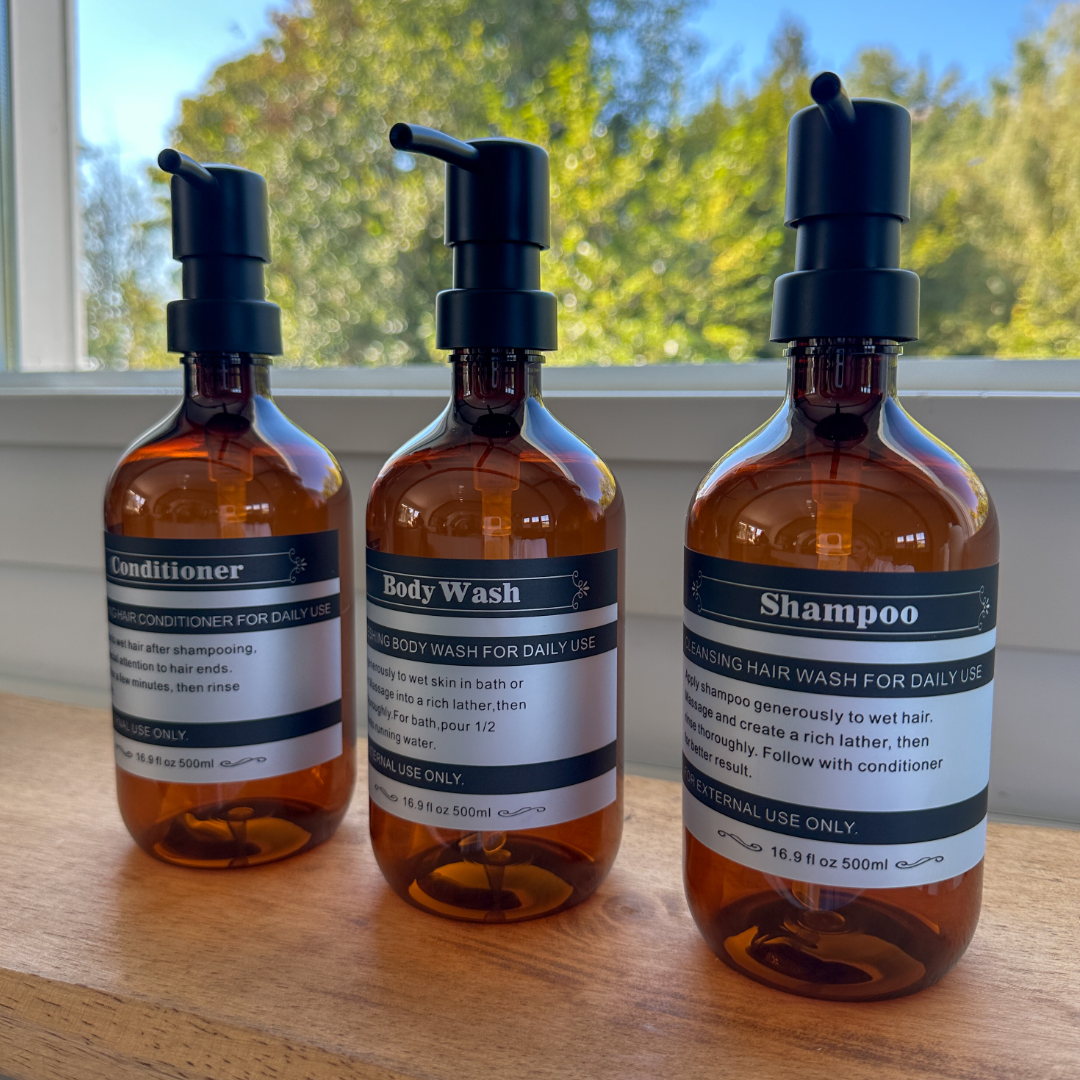 Labeled Shampoo, Soap and Lotion Bottles - Translucent